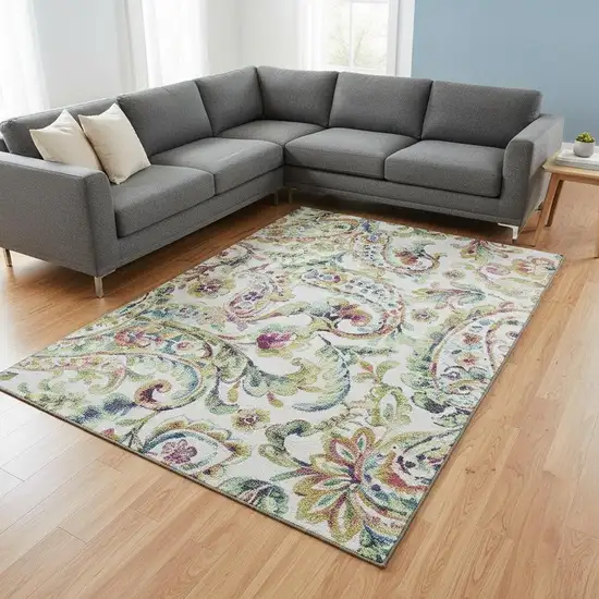 Ivory Blue And Pink Paisley Washable Area Rug With UV Protection Photo 2