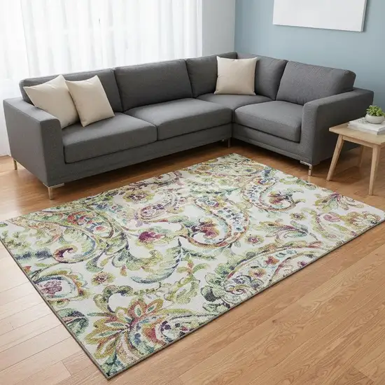 Ivory Blue And Pink Paisley Washable Area Rug With UV Protection Photo 2