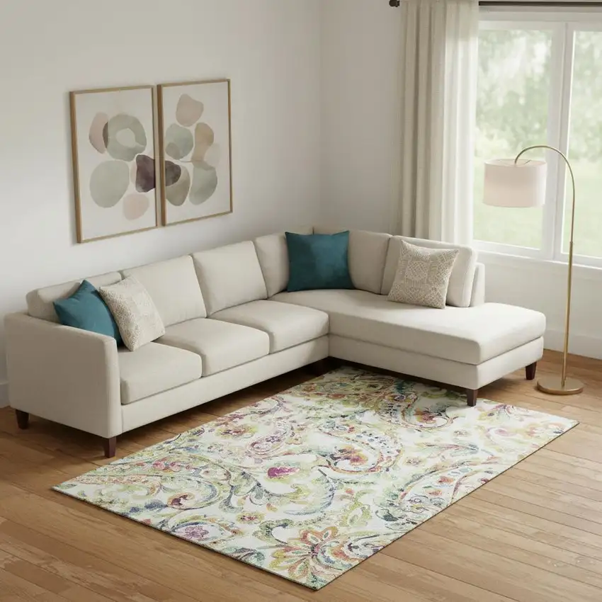 Ivory Blue And Pink Paisley Washable Area Rug With UV Protection Photo 3