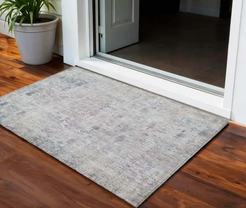 Ivory Blue And Purple Floral Washable Indoor Outdoor Area Rug Photo 1