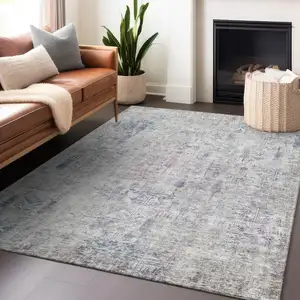 Photo of Ivory Blue And Purple Floral Washable Indoor Outdoor Area Rug