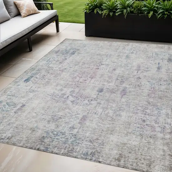 Ivory Blue And Purple Floral Washable Indoor Outdoor Area Rug Photo 1