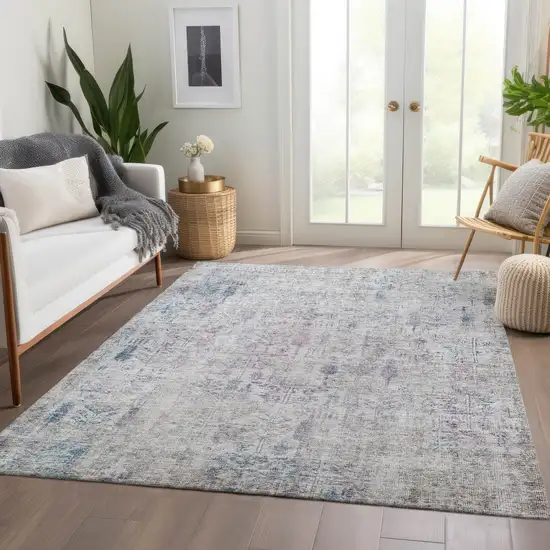 Ivory Blue And Purple Floral Washable Indoor Outdoor Area Rug Photo 8