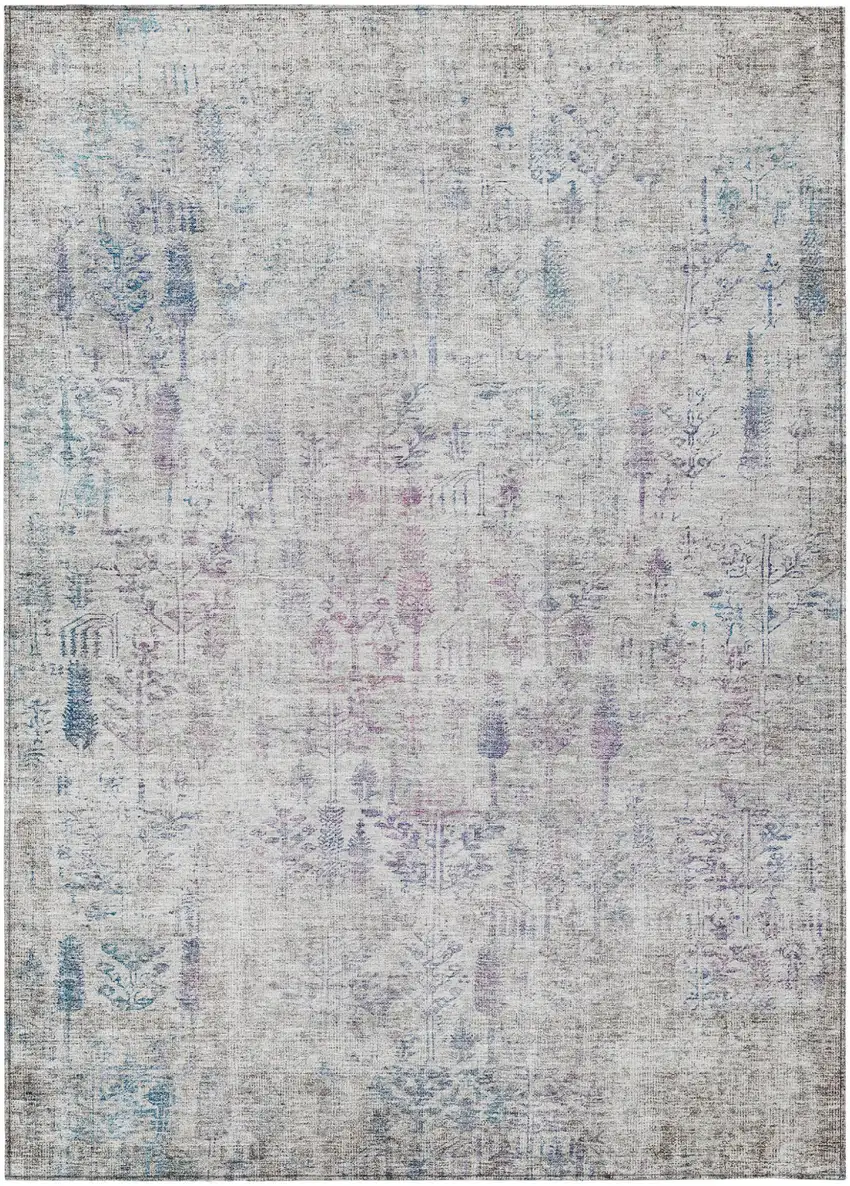 Ivory Blue And Purple Floral Washable Indoor Outdoor Area Rug Photo 1