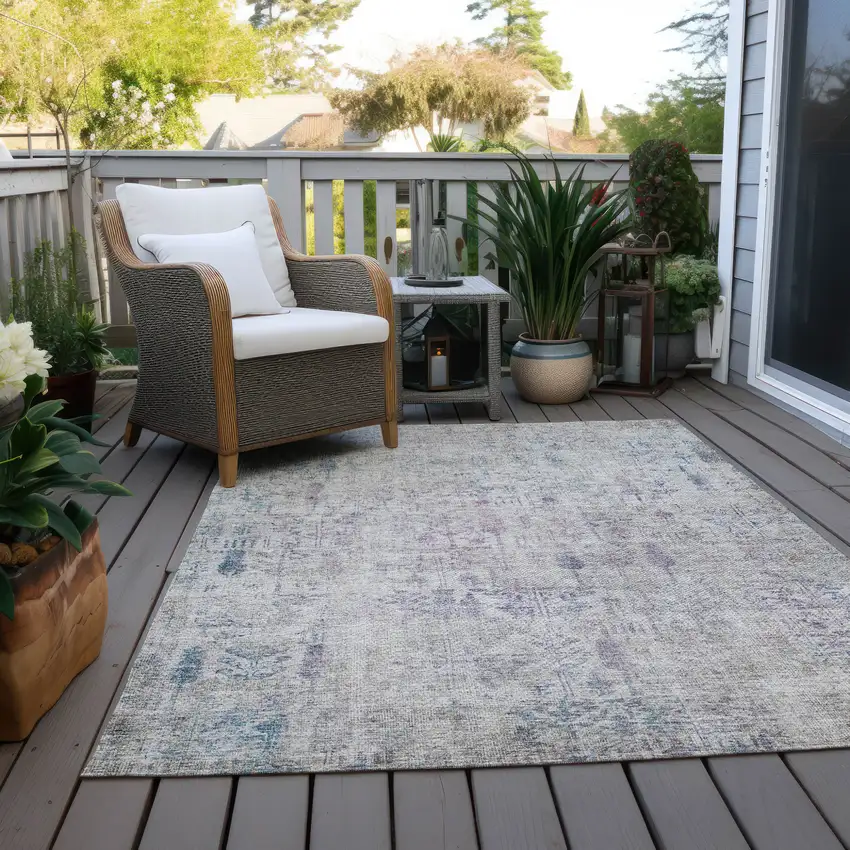 Ivory Blue And Purple Floral Washable Indoor Outdoor Area Rug Photo 9