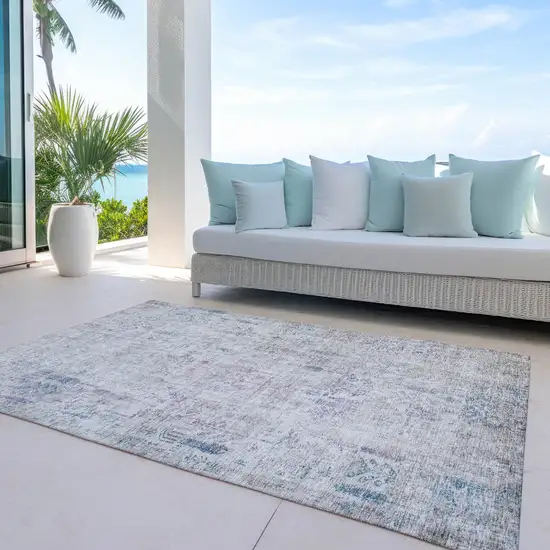Ivory Blue And Purple Floral Washable Indoor Outdoor Area Rug Photo 7
