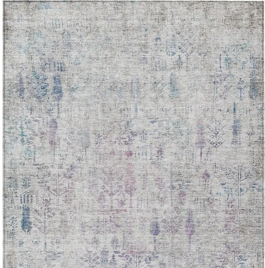 Ivory Blue And Purple Floral Washable Indoor Outdoor Area Rug Photo 6