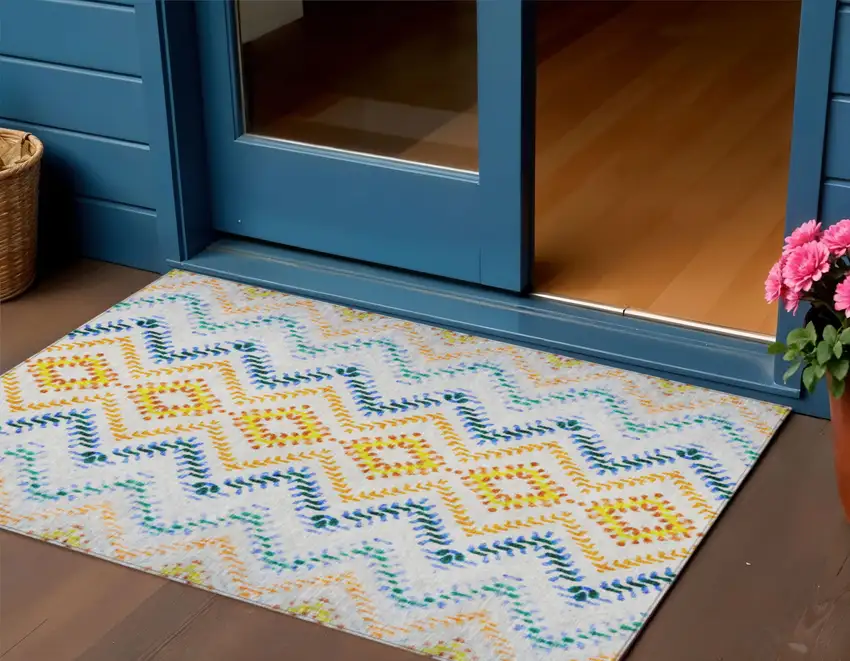 Ivory Blue And Purple Geometric Washable Indoor Outdoor Area Rug Photo 1