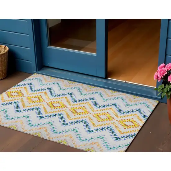 Ivory Blue And Purple Geometric Washable Indoor Outdoor Area Rug Photo 1