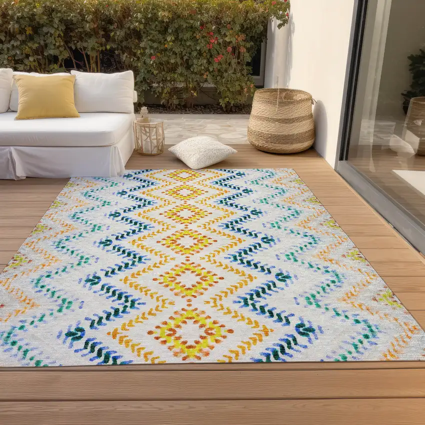 Ivory Blue And Purple Geometric Washable Indoor Outdoor Area Rug Photo 9