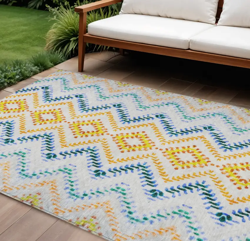 Ivory Blue And Purple Geometric Washable Indoor Outdoor Area Rug Photo 1