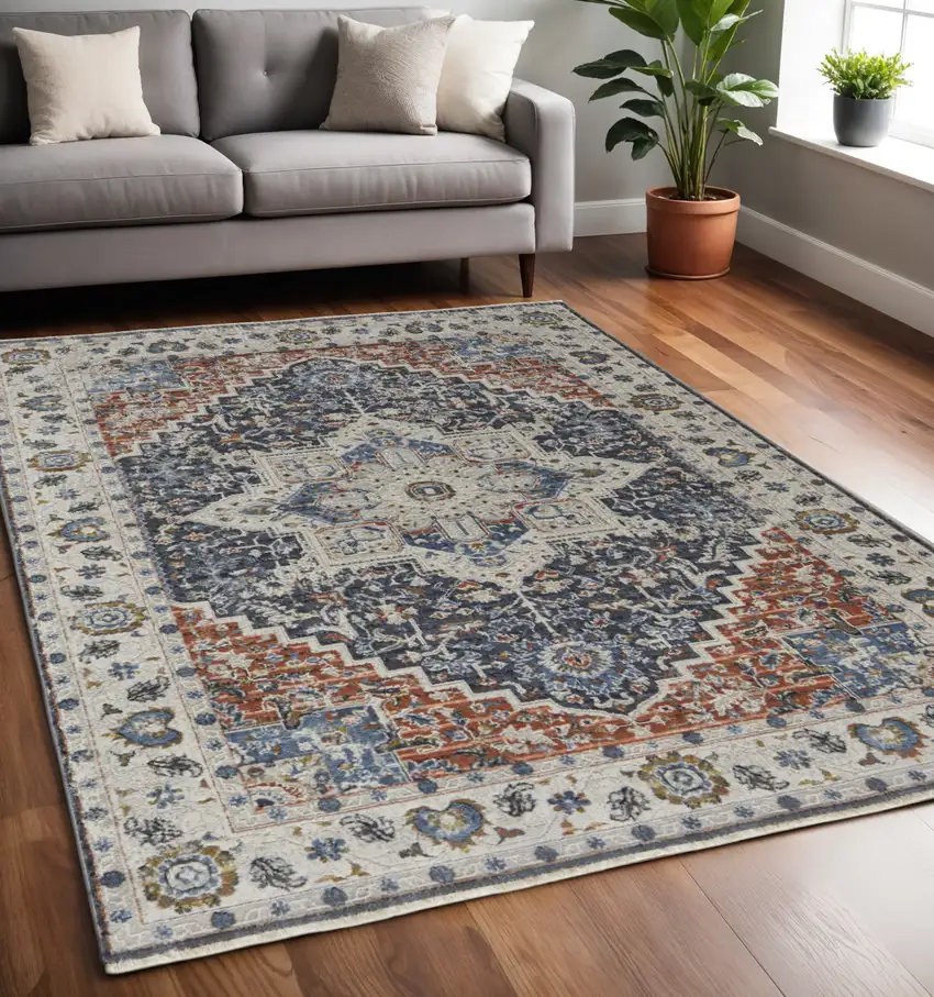 Ivory and Blue Floral Power Loom Non Skid Area Rug With Fringe Photo 1