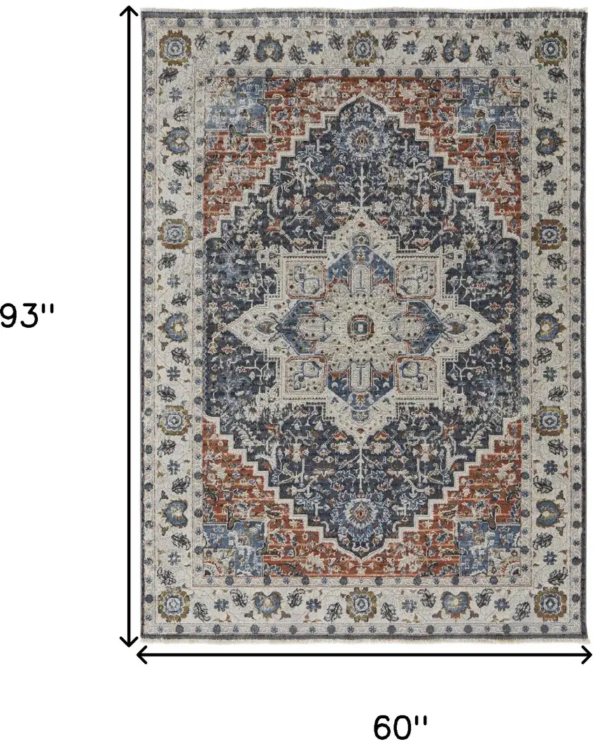 Ivory and Blue Floral Power Loom Non Skid Area Rug With Fringe Photo 3