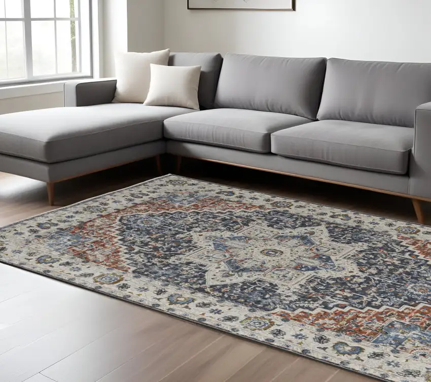 Ivory and Blue Floral Power Loom Non Skid Area Rug With Fringe Photo 1