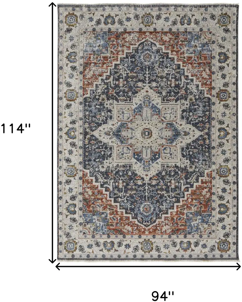 Ivory and Blue Floral Power Loom Non Skid Area Rug With Fringe Photo 3