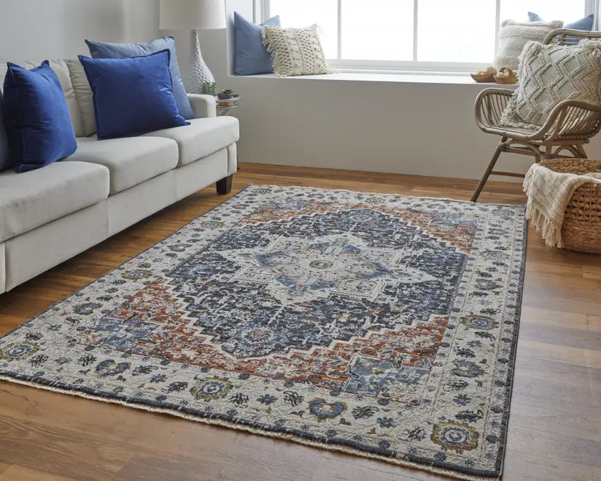 Ivory Blue And Red Floral Power Loom Area Rug With Fringe Photo 7