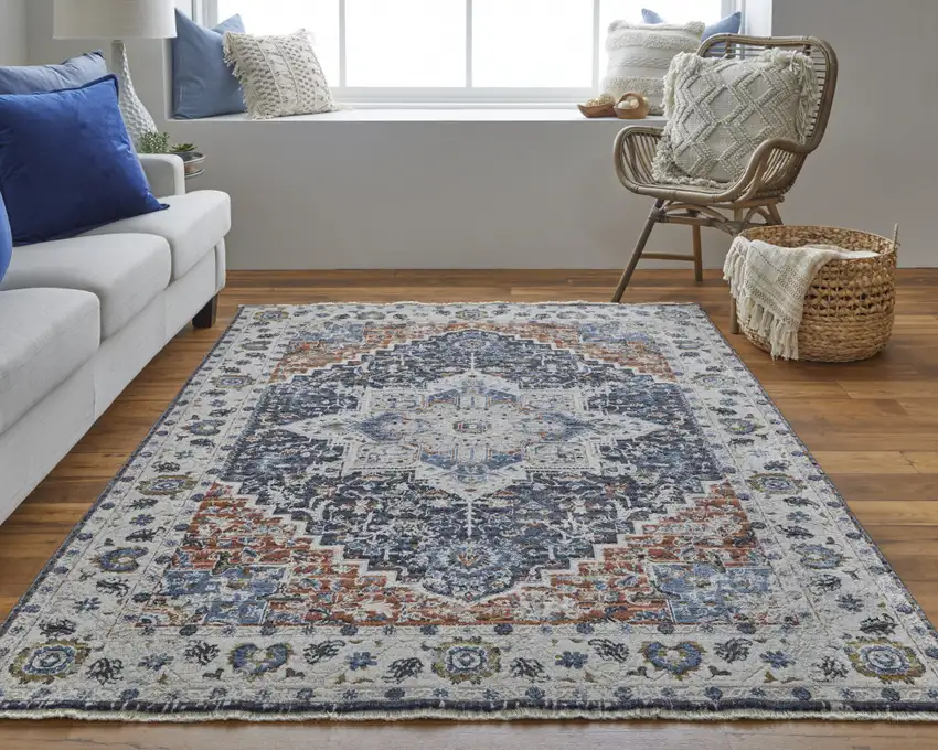 Ivory Blue And Red Floral Power Loom Area Rug With Fringe Photo 8