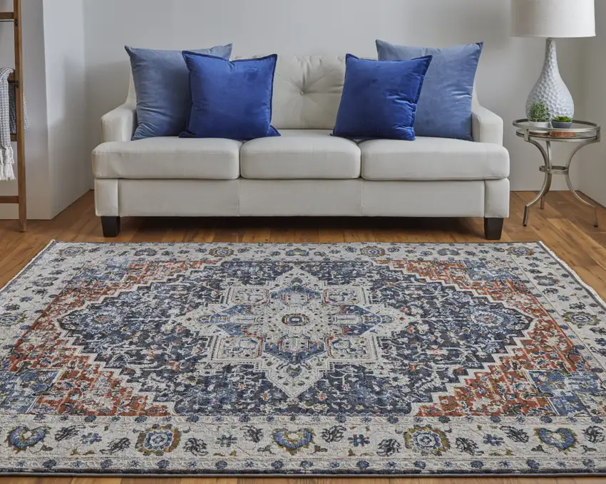 Ivory Blue And Red Floral Power Loom Area Rug With Fringe Photo 9