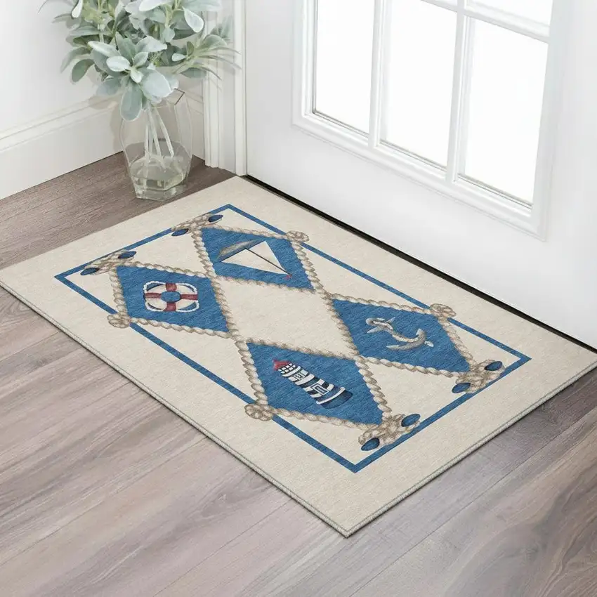 Ivory Blue And Red Nautical Washable Area Rug With UV Protection Photo 1
