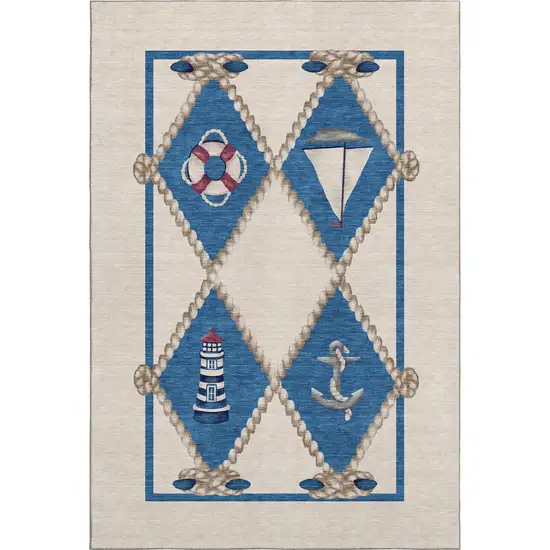 Ivory Blue And Red Nautical Washable Area Rug With UV Protection Photo 2