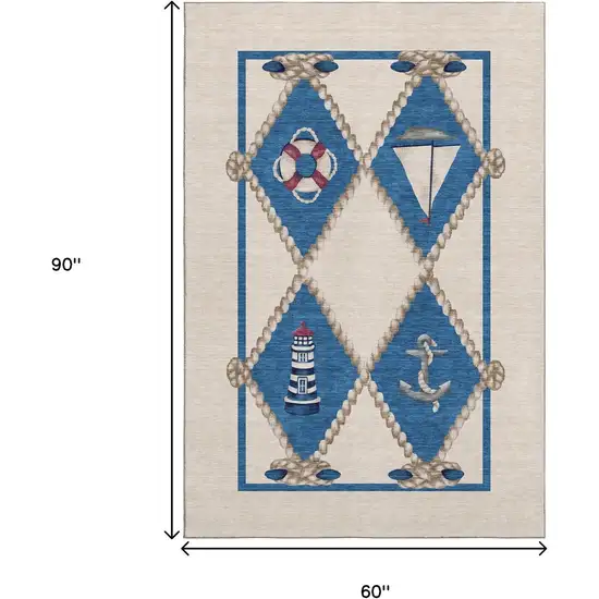 Ivory Blue And Red Nautical Washable Area Rug With UV Protection Photo 3