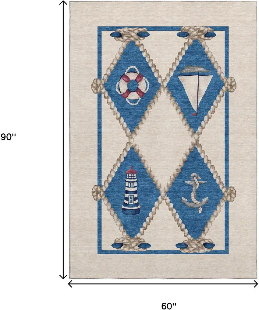 Ivory Blue And Red Nautical Washable Area Rug With UV Protection Photo 3