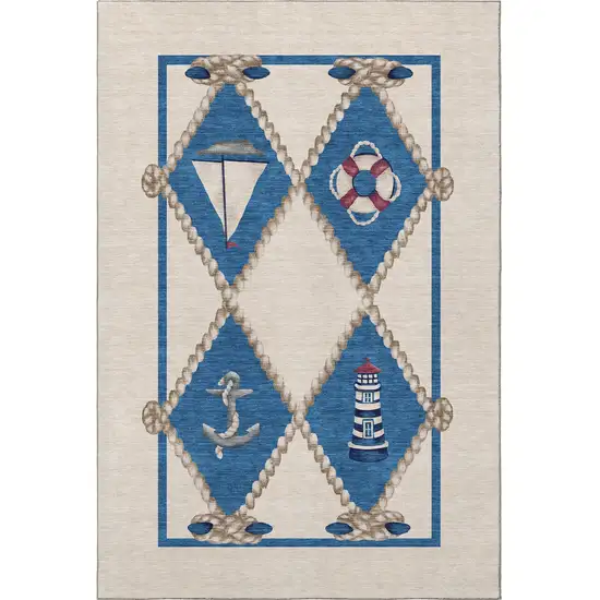 Ivory Blue And Red Nautical Washable Area Rug With UV Protection Photo 4