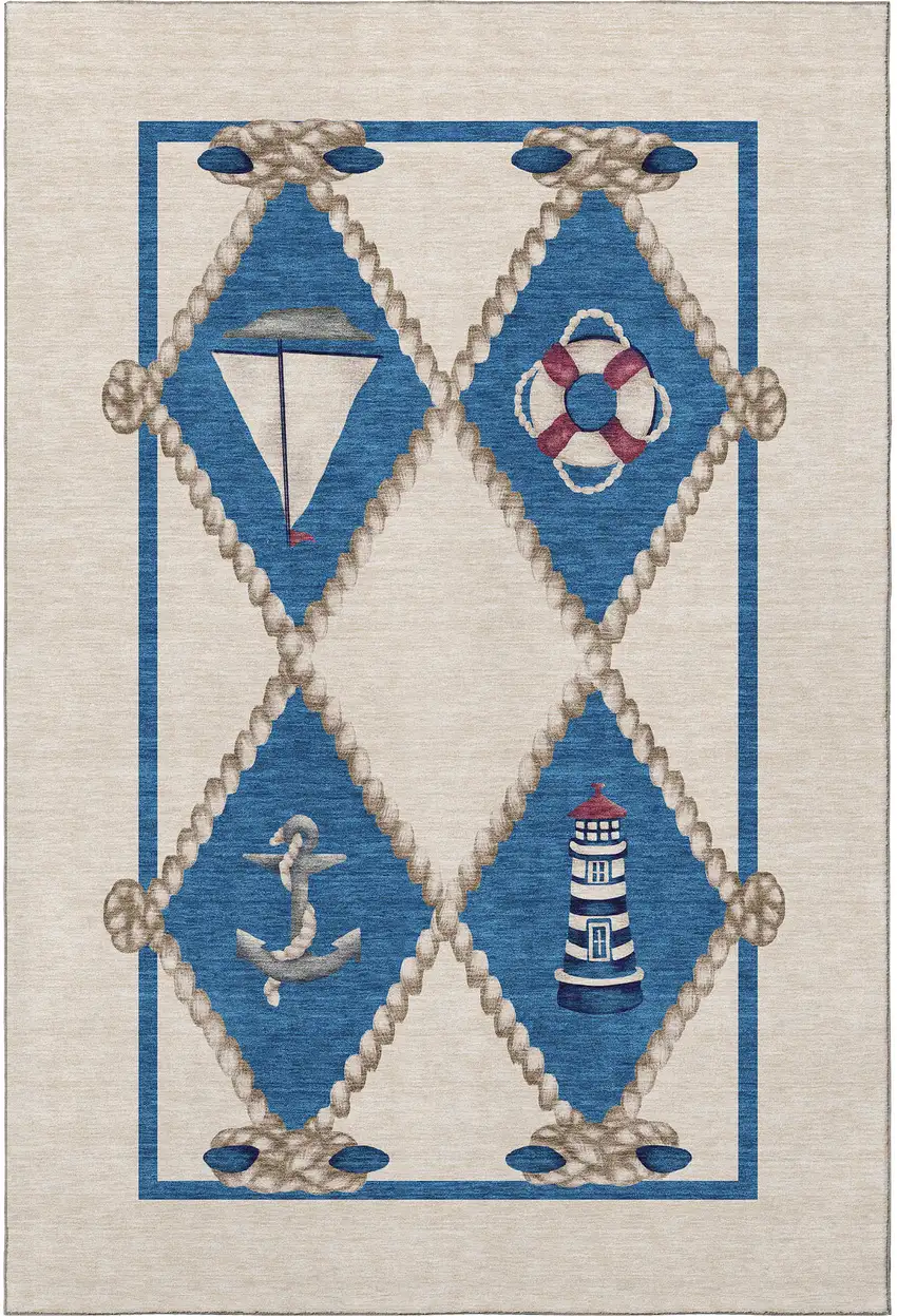 Ivory Blue And Red Nautical Washable Area Rug With UV Protection Photo 4