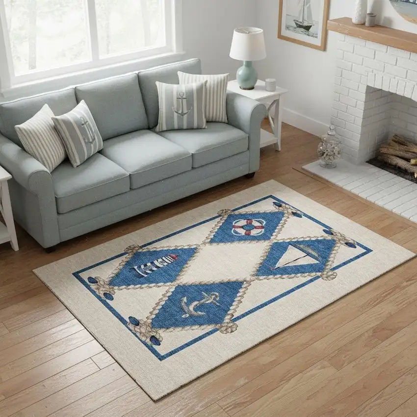 Ivory Blue And Red Nautical Washable Area Rug With UV Protection Photo 1