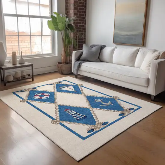 Ivory Blue And Red Nautical Washable Area Rug With UV Protection Photo 5