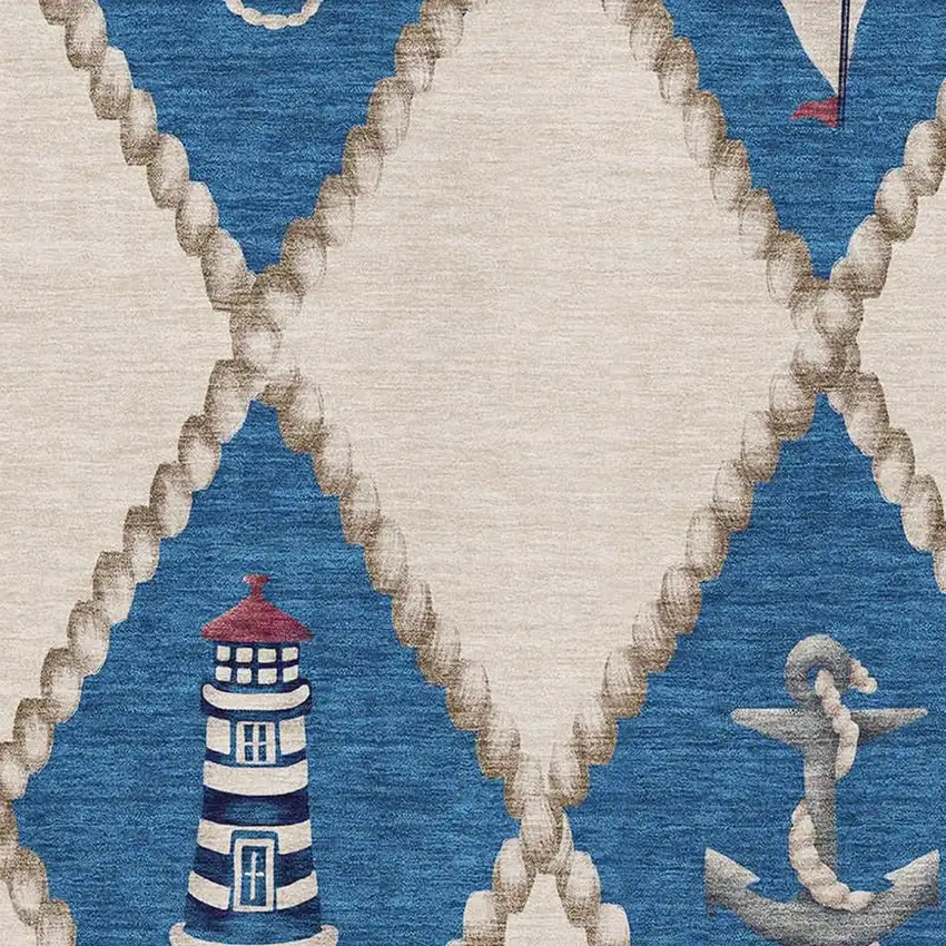 Ivory Blue And Red Nautical Washable Area Rug With UV Protection Photo 4