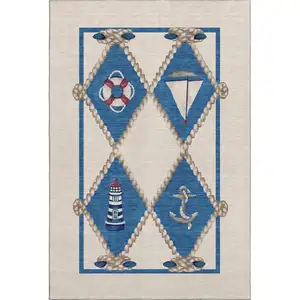 Photo of Ivory Blue And Red Nautical Washable Area Rug With UV Protection