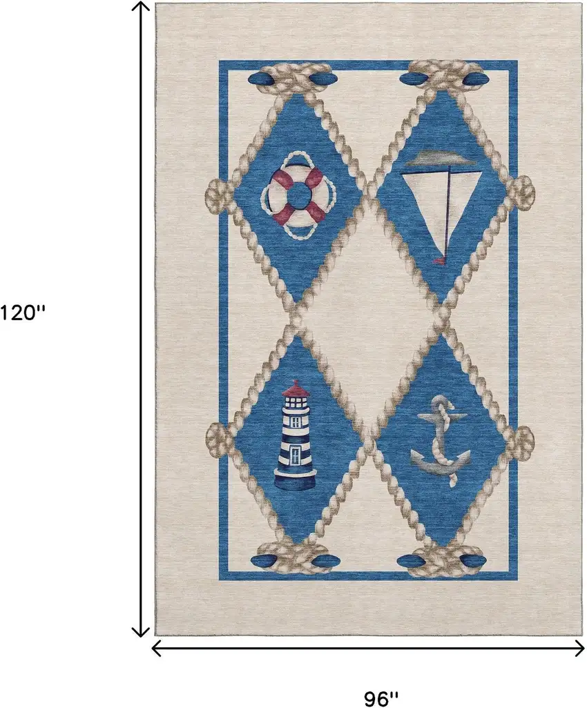 Ivory Blue And Red Nautical Washable Area Rug With UV Protection Photo 3