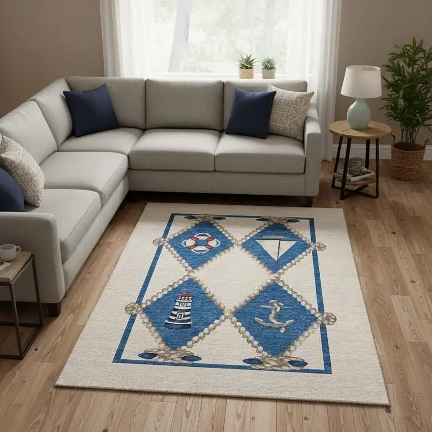 Ivory Blue And Red Nautical Washable Area Rug With UV Protection Photo 1