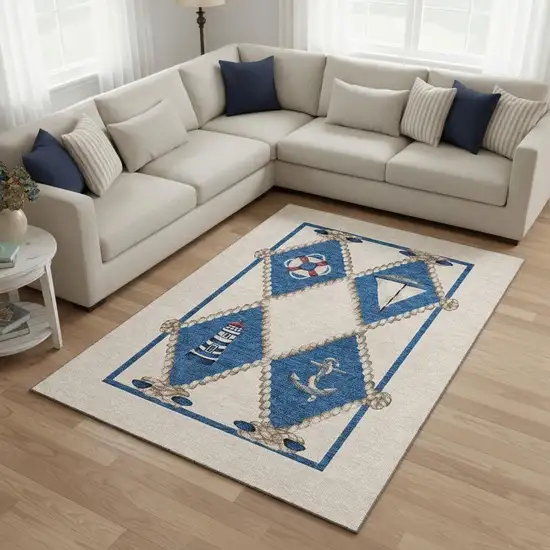 Ivory Blue And Red Nautical Washable Area Rug With UV Protection Photo 1