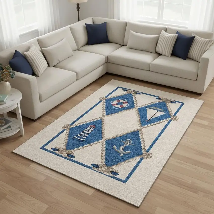 Ivory Blue And Red Nautical Washable Area Rug With UV Protection Photo 1
