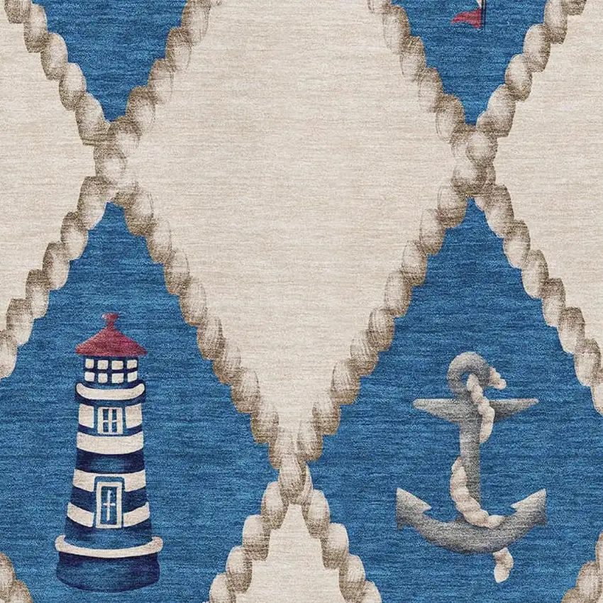 Ivory Blue And Red Nautical Washable Area Rug With UV Protection Photo 4
