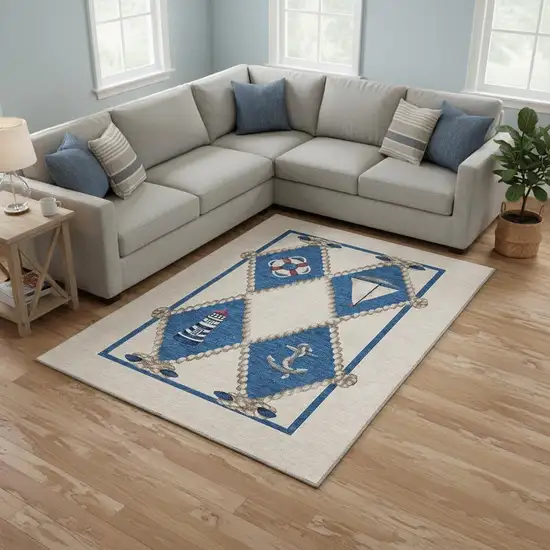 Ivory Blue And Red Nautical Washable Area Rug With UV Protection Photo 2