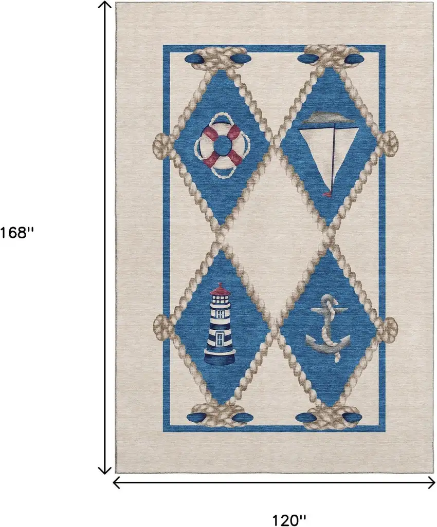 Ivory Blue And Red Nautical Washable Area Rug With UV Protection Photo 3