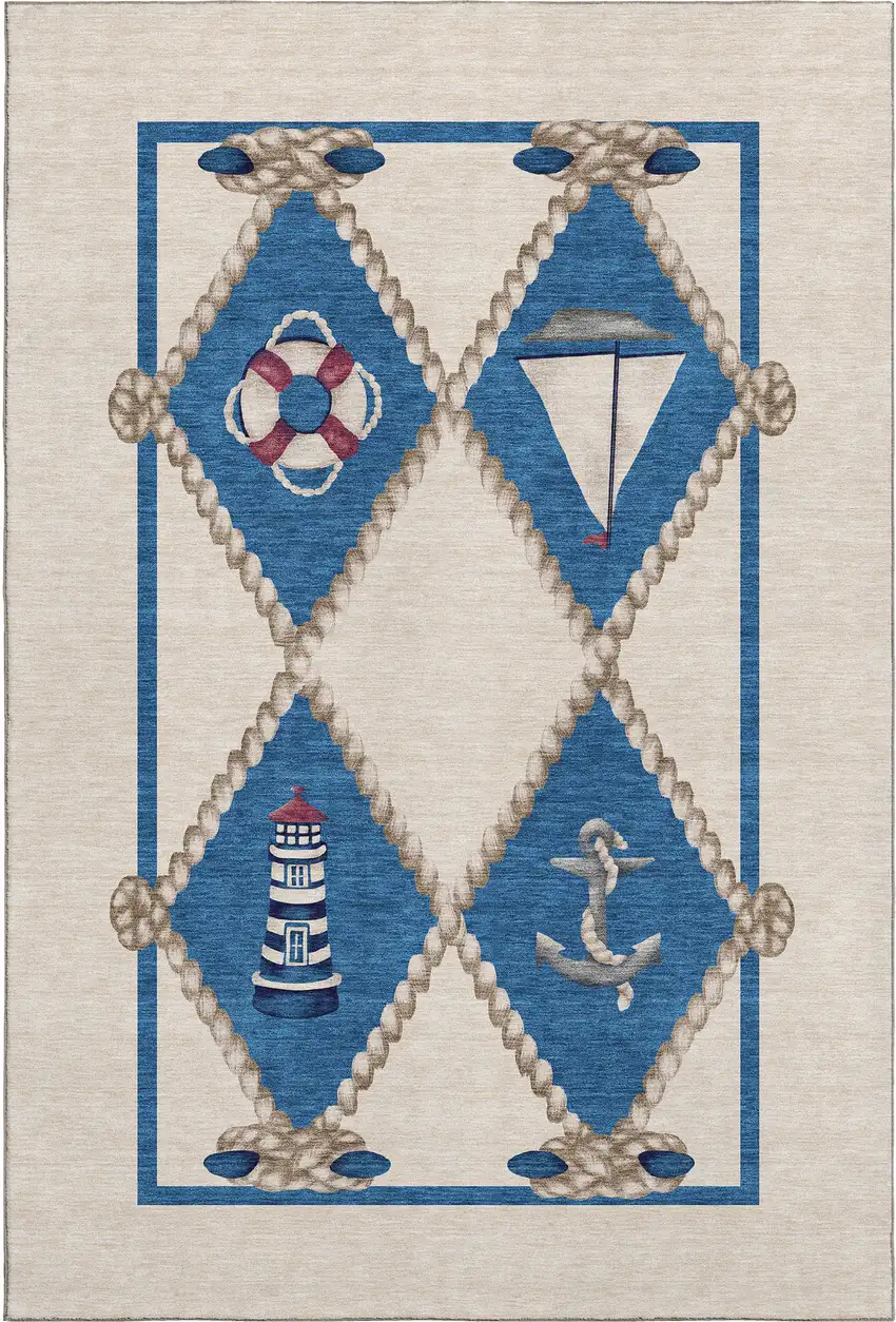 Ivory Blue And Red Nautical Washable Area Rug With UV Protection Photo 2