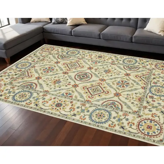Ivory Blue And Red Oriental Area Rug With Fringe Photo 1