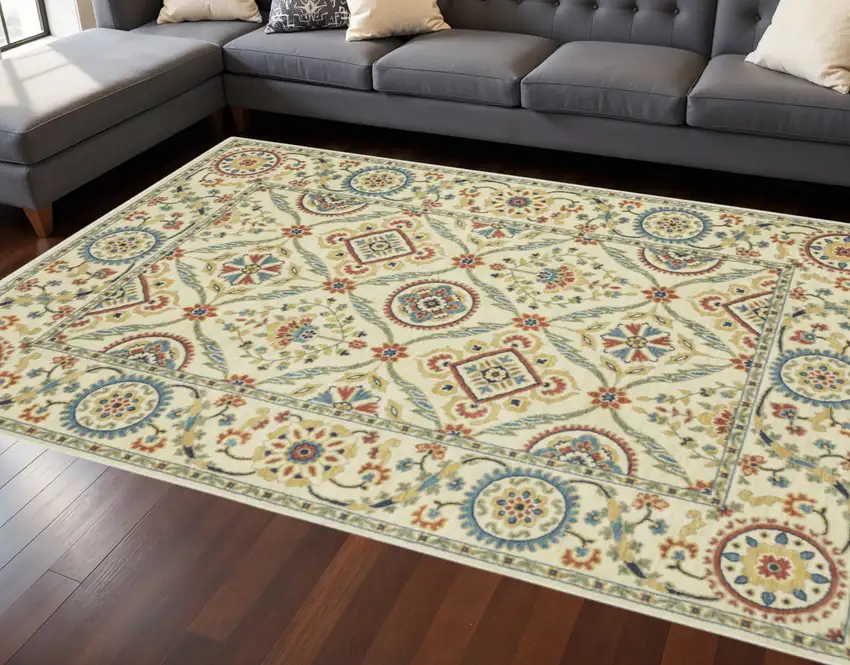 Ivory Blue And Red Oriental Area Rug With Fringe Photo 1