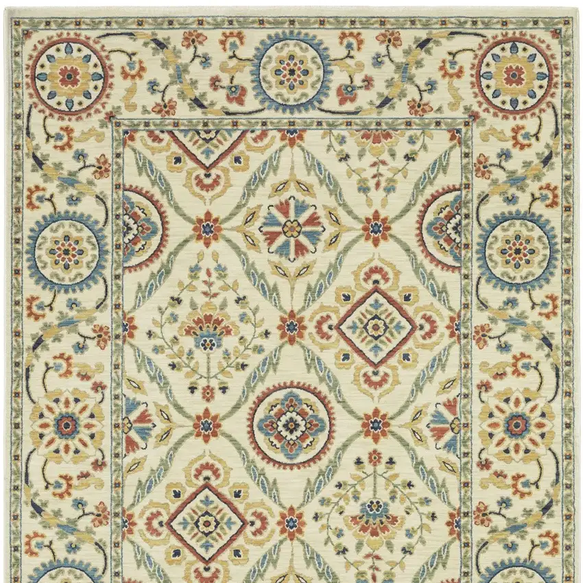Ivory Blue And Red Oriental Area Rug With Fringe Photo 8
