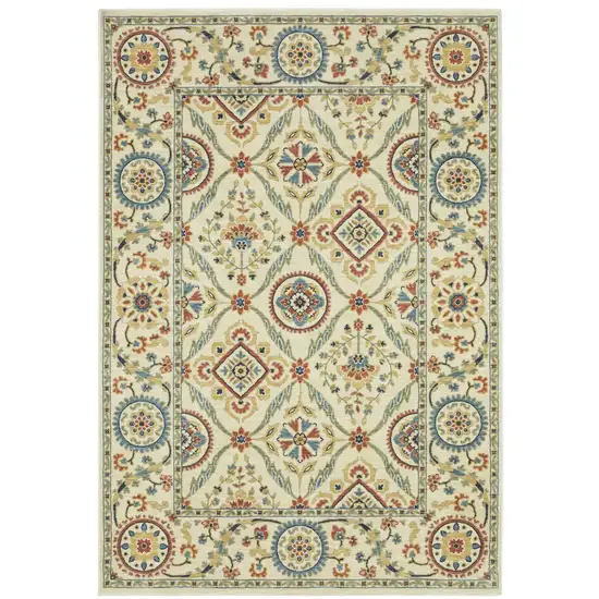 Ivory Blue And Red Oriental Area Rug With Fringe Photo 2