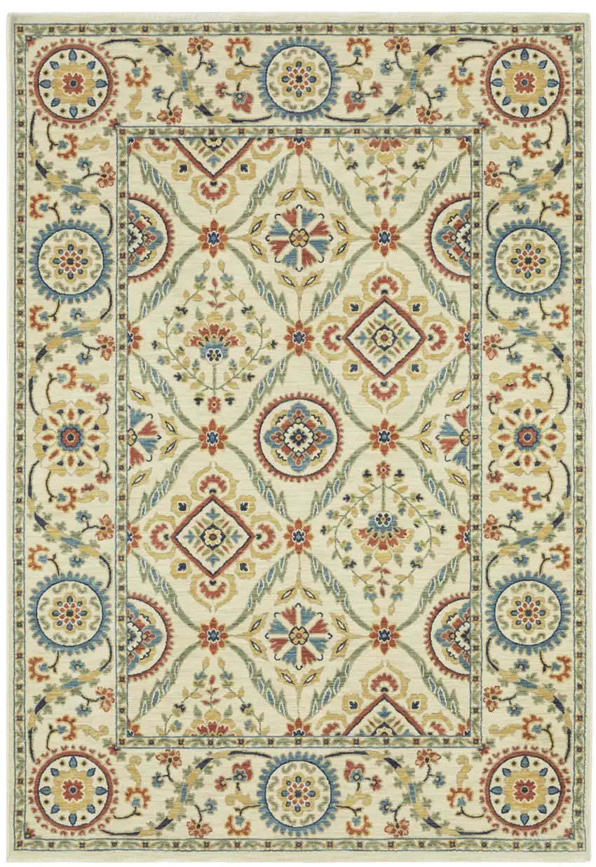 Ivory Blue And Red Oriental Area Rug With Fringe Photo 2