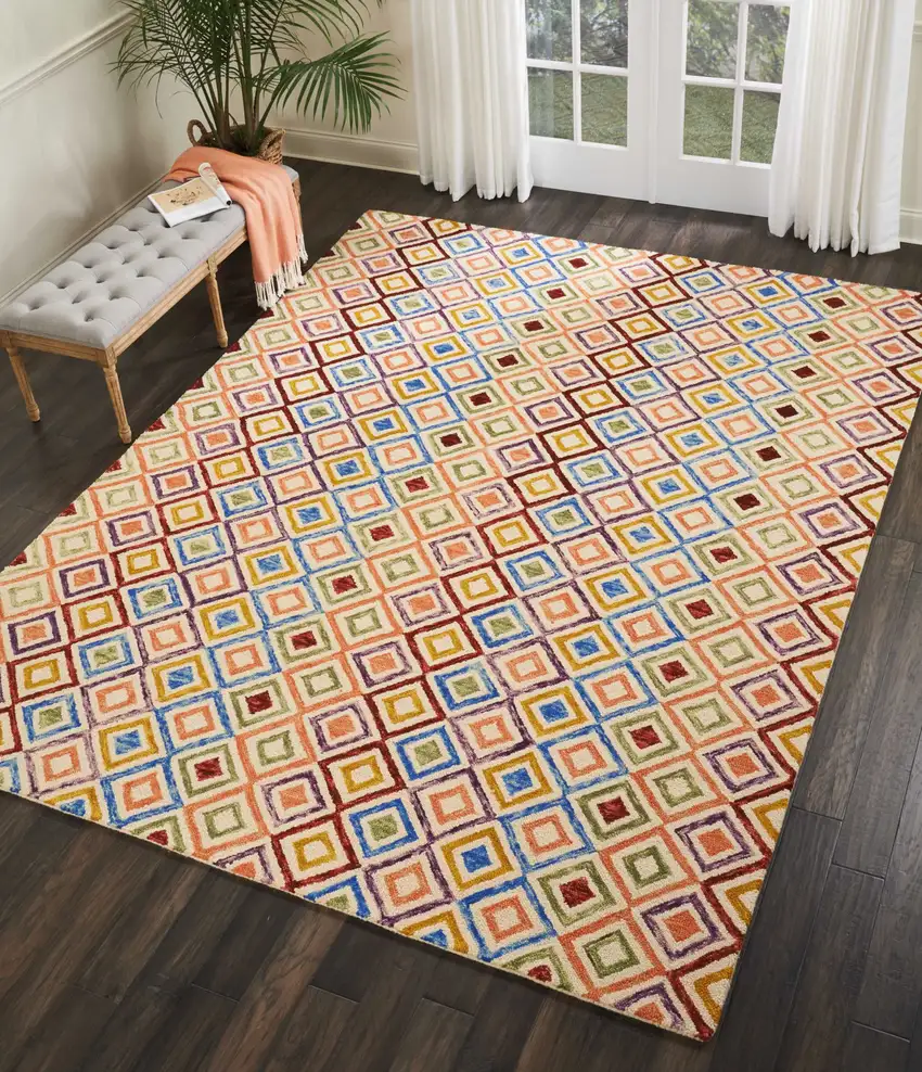 Ivory Blue And Red Wool Geometric Hand Tufted Area Rug Photo 7