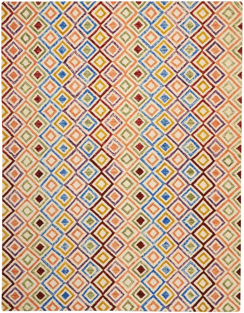 Ivory Blue And Red Wool Geometric Hand Tufted Area Rug Photo 2