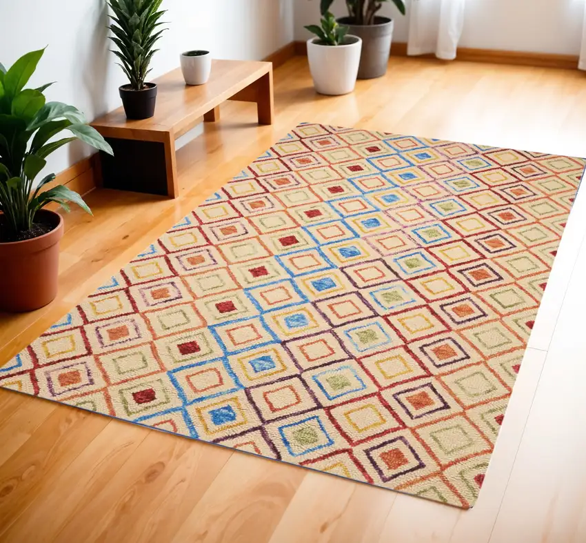 Ivory Blue And Red Wool Geometric Hand Tufted Area Rug Photo 1