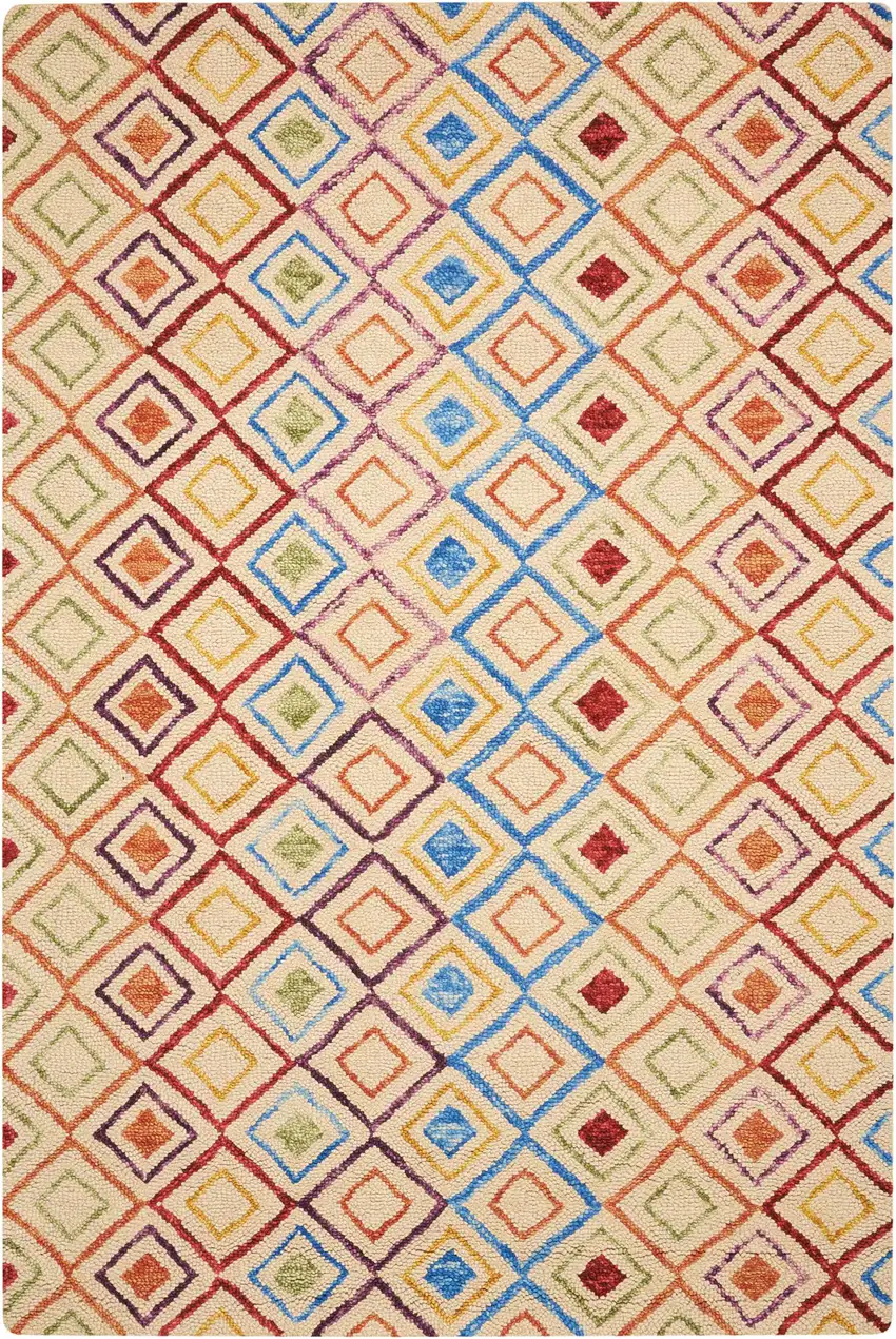 Ivory Blue And Red Wool Geometric Hand Tufted Area Rug Photo 4