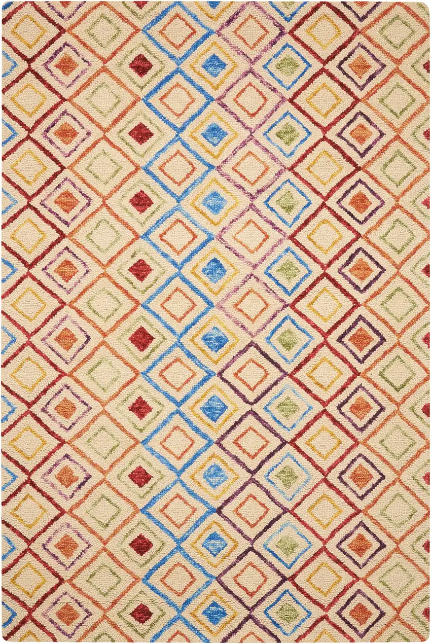 Ivory Blue And Red Wool Geometric Hand Tufted Area Rug Photo 1